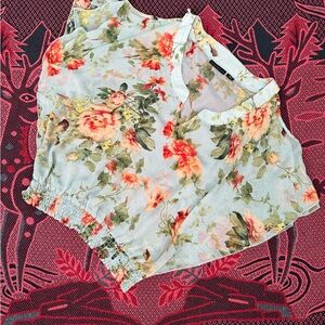 Metaphor Light Blue Floral Smocked-Hem Blouse